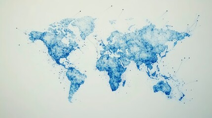 Fototapete - Abstract blue watercolor world map with connecting lines.