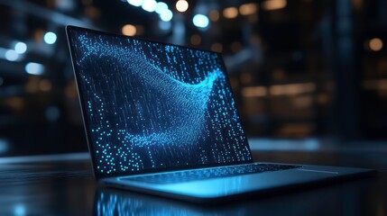 Leinwandbilder - Laptop displaying abstract blue digital data stream on screen at night.