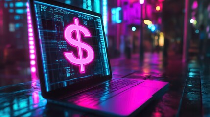 Poster - Neon pink dollar sign glows on laptop screen at night.