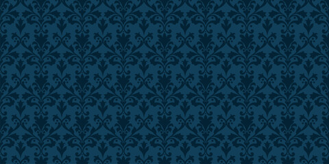 Elegant baroque seamless pattern. Abstract floral geometric ornament with curly elements, foliage, leaves. Vector background in rococo, revival, renaissance, damask style. Repeated dark blue design