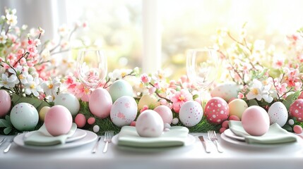 Elegant spring feast table setting with festive decorations and pastel colors for a cheerful celebration