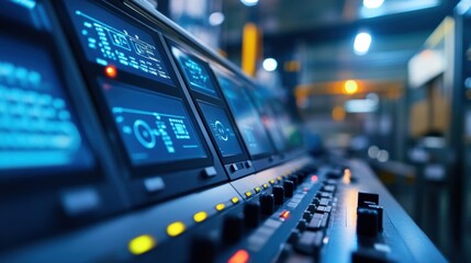 Multiple screens displaying complex data and information, along with an array of buttons and controls, suggest a sophisticated monitoring system within an industrial setting