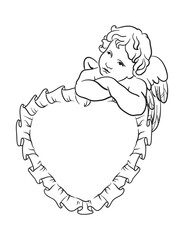 Wall Mural - antique cherub with frame in shape of heart-shaped lace pillow. coquette illustration of cupid in re