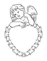 Wall Mural - antique cherub with frame in shape of heart-shaped lace pillow. coquette illustration of cupid in re