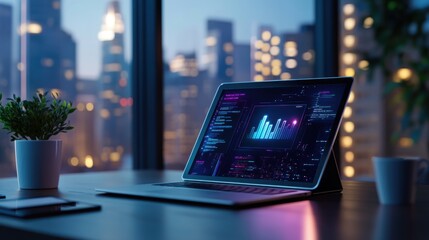 Wall Mural - modern workspace with laptop displaying data visualization against cityscape at dusk