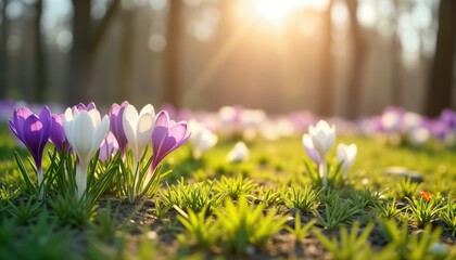 spring flowers crocuses bloom in sunny meadow. fresh flowers show vibrant colors in beautiful landsc