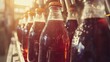 © Che - Vintage glass bottles filled with refreshing dark soda illuminated by warm sunlight in a nostalgic beverage display on a sunny afternoon
