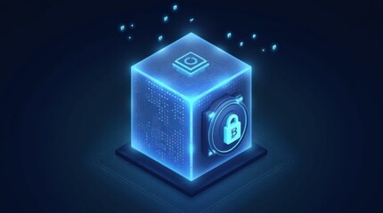Glowing Blockchain Cube Transforming into Transparent Vault Symbolizing Security and Reliability of Blockchain Technology
