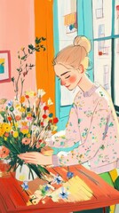 Wall Mural - Cheerful girl arranging flowers in pastel colored room for springtime inspiration