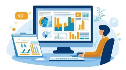 Aufkleber - Person analyzing data on computer screen with charts and graphs.