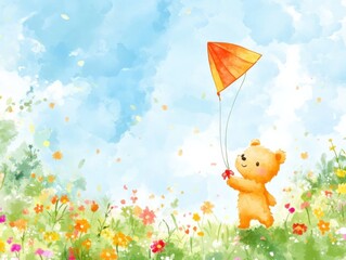 Playful bear flying a kite in a whimsical spring field watercolor for children's design