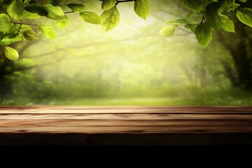 Poster - Empty wooden table with garden bokeh for a catering or food background, featuring a country outdoor theme, as a template mock-up for product display