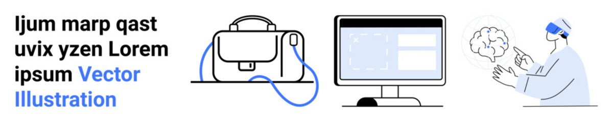 Business suitcase, computer monitor with coding software, and programmer wearing VR headset. Ideal for technology, business, software development, virtual reality, UXUI design, remote work, digital