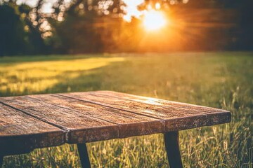 Poster - Empty wooden table top with a green bokeh background, showcasing space for the product