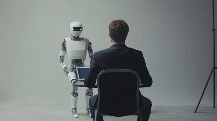Fototapete - Businessman sits opposite a humanoid robot using a laptop in a studio.