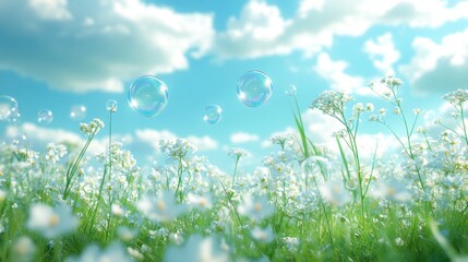 Wall Mural - Baby on summer grass meadow playing with soap bubbles. Happines joy family concept. Beautiful sky on the back