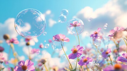 Wall Mural - Baby on summer grass meadow playing with soap bubbles. Happines joy family concept. Beautiful sky on the back