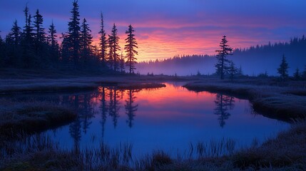 Wall Mural - Misty sunrise over tranquil lake reflecting colorful sky, silhouetted trees.