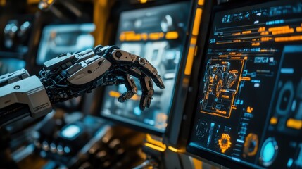 Robotic arm interacting with a futuristic computer interface, showcasing complex schematics and data visualizations in a sophisticated control room environment