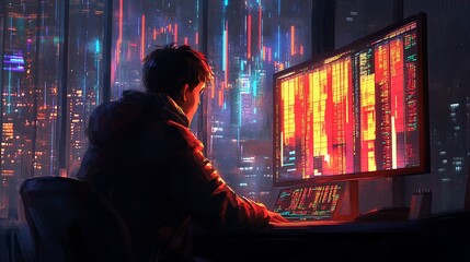 Night coder working on computer in futuristic city.