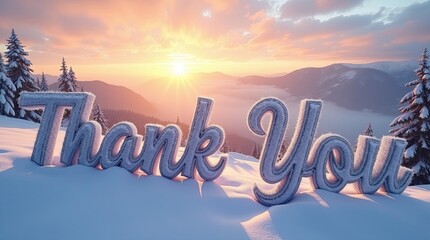 A heartfelt thank you message made of snowy letters is set in a picturesque winter landscape, with a stunning sunset illuminating the mountains