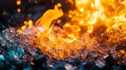Wall Mural - orange flames are burning over wet ice crystals, creating a stunning visual contrast and abstract sh
