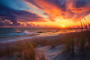 Wall Mural - enchantment of a dunes sunset, with its resplendent palette painting sky, colorful rhythm of waves, and awe-inspiring spectacle of nature's majestic curtain call as sun gracefully descends beneath hor