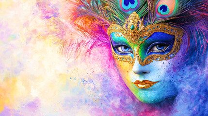 Wall Mural - Colorful Venetian Carnival Mask with Peacock Feathers Art. Concept of Traditional Celebration, Cultural Festivity, Masked Ball, and Artistic Expression. Copy space