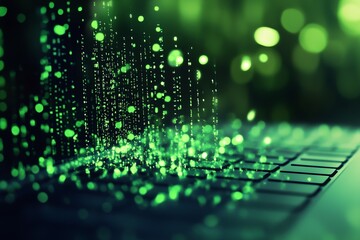 Poster - Green Digital Matrix Over Laptop Symbolizing Technology and Data Networks in Cyber Digital World : Generative AI
