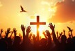 © Maryna - Silhouettes of people raise hands in praise, worship during religious service. Sunlight highlights large cross in background. Religious gathering taking place outdoors. Faith, devotion evident in