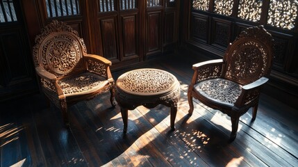 Intricate Carved Wooden Chairs And Table In Sunlit Room