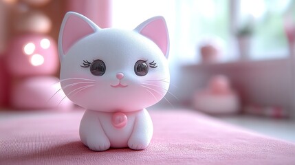 Wall Mural - White cute cat toy on a pink background. Cartoon character.