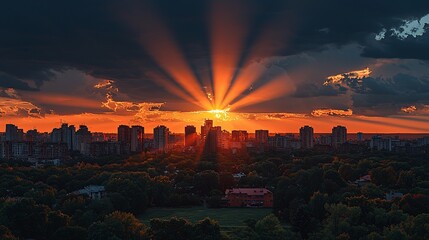 Wall Mural - Dramatic sunset rays over city skyline.