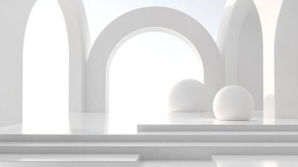 Aufkleber - Contemporary Minimalist White Arches and Spheres in a Spacious Interior : Generative AI
