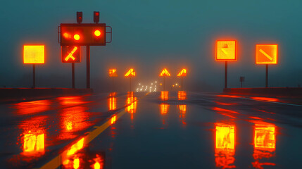 Sticker - Glowing Orange Signs Illuminate a Foggy Highway