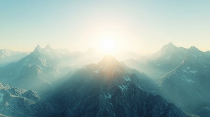 Poster - Sunrise over majestic mountain range, misty peaks, scenic aerial view.