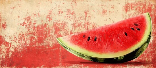 Wall Mural - Closeup shot of a fresh juicy slice of watermelon with vibrant red flesh and black seeds resting on a rustic wooden surface with a textured background  This healthy