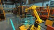 © Justlight - Yellow robotic arm constructing a car part while utilizing augmented reality and holographic projection in a cutting edge modern factory setting, showcasing advanced automation and technology