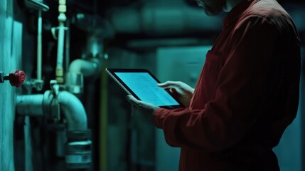 A man in a red shirt is looking at a tablet