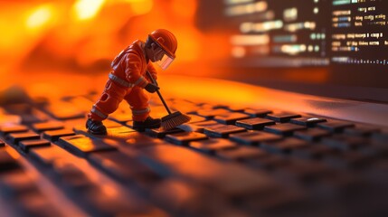 Miniature worker cleaning laptop keyboard, code background, data security concept