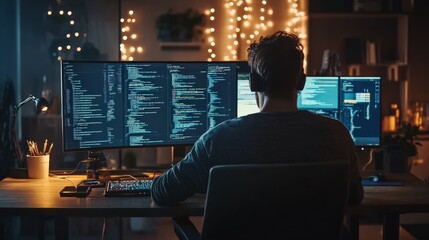 A man is sitting in front of two computer monitors