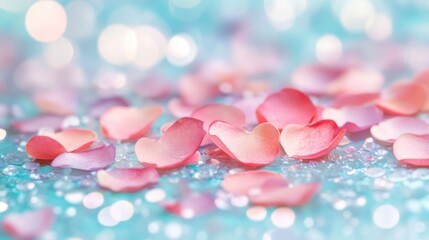 Wall Mural - Delicate red and purple flower petals scattered across a shiny surface, creating a romantic atmosphere enhanced by soft bokeh effects