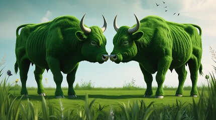 Wall Mural - Surreal green grass bulls facing off in a vibrant natural meadow representing eco-friendly creativity sustainable concepts environmental art and harmony between nature and modern innovative design ide