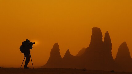 Poster - Photographer silhouetted against desert landscape at sunset.