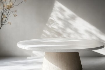 Aufkleber - Minimalist round marble table with soft shadows on light grey wall for product display mockup