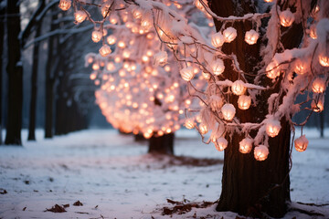 realistics at dawn, snow-covered trees in a winter wonderland are illuminated by first light of day,