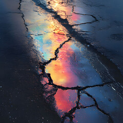 Wall Mural - a reflection of a sunset on a wet road. generative ai