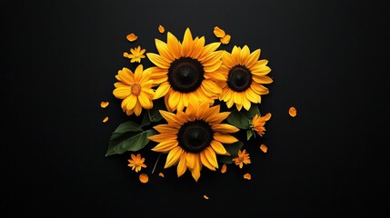 A bold composition of sunflower heads and cosmos flowers styled with scattered petals on a black background for a postcard-ready layout