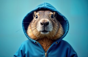 groundhog dressed in blue hoodie against vibrant blue background. animal portrait close up. funny, s
