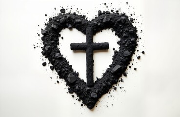 Black cross symbol placed in heart-shaped ash. Ash spread in heart form on white background. Ash repentance, Lent. Religious symbol of sacrifice, Christian faith. Image shows devotion, spiritual